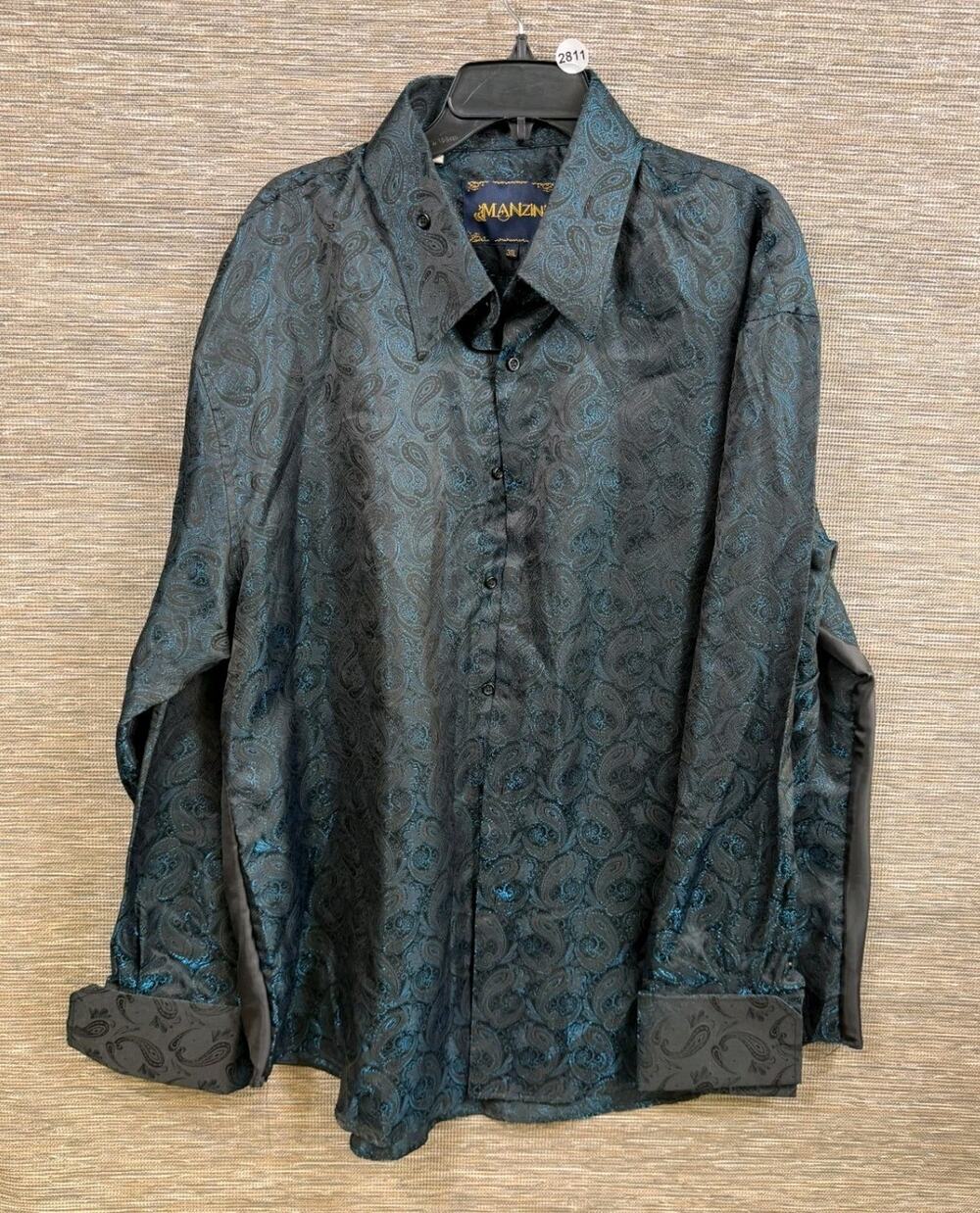 MANZINI Paisley Men's Dress Shirt 3XL Black Aqua Long Sleeve Collared NEW